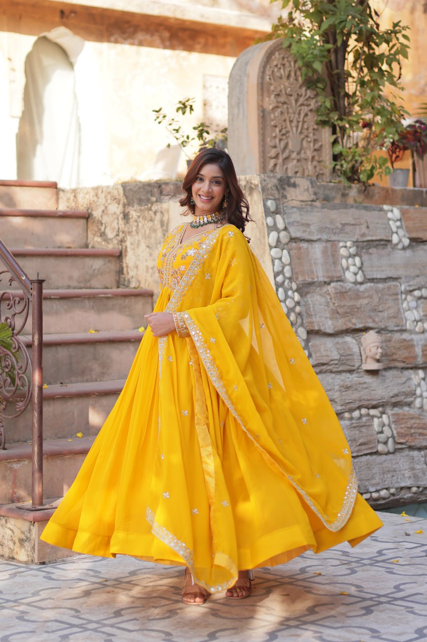 Magnificent Faux Georgette Zari Sequins Embroidered Gown With Dupatta