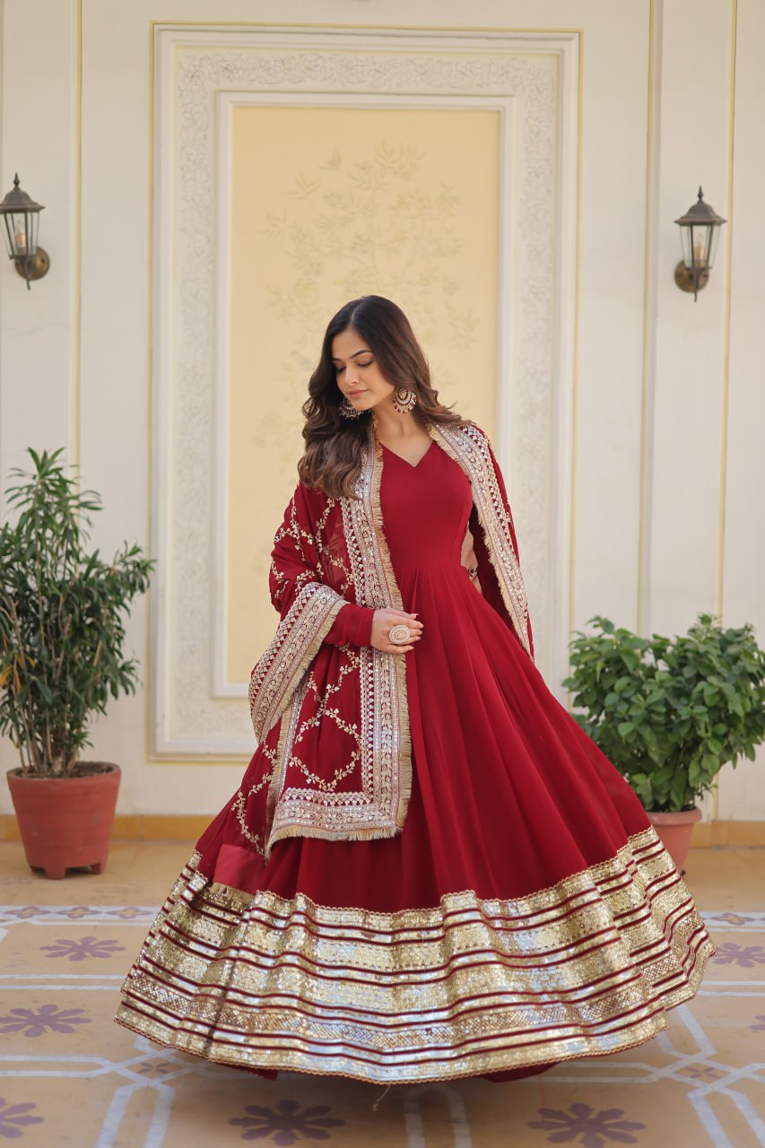 Majestic Maroon Faux Georgette Sequins Embroidered Designer Gown