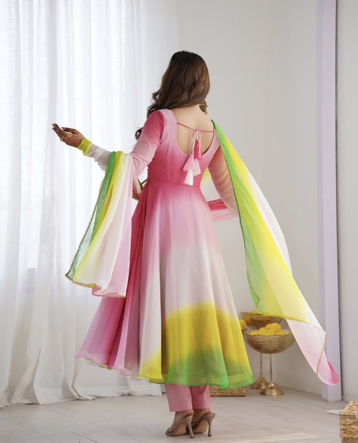 Spectacular Shaded Digital Printed Faux Georgette Anarkali Pant Suit