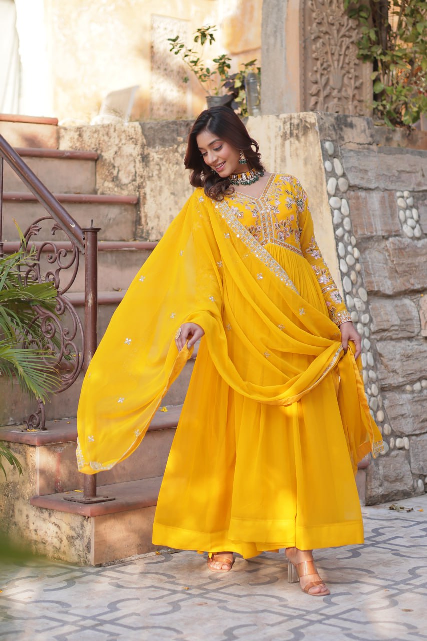 Magnificent Faux Georgette Zari Sequins Embroidered Gown With Dupatta