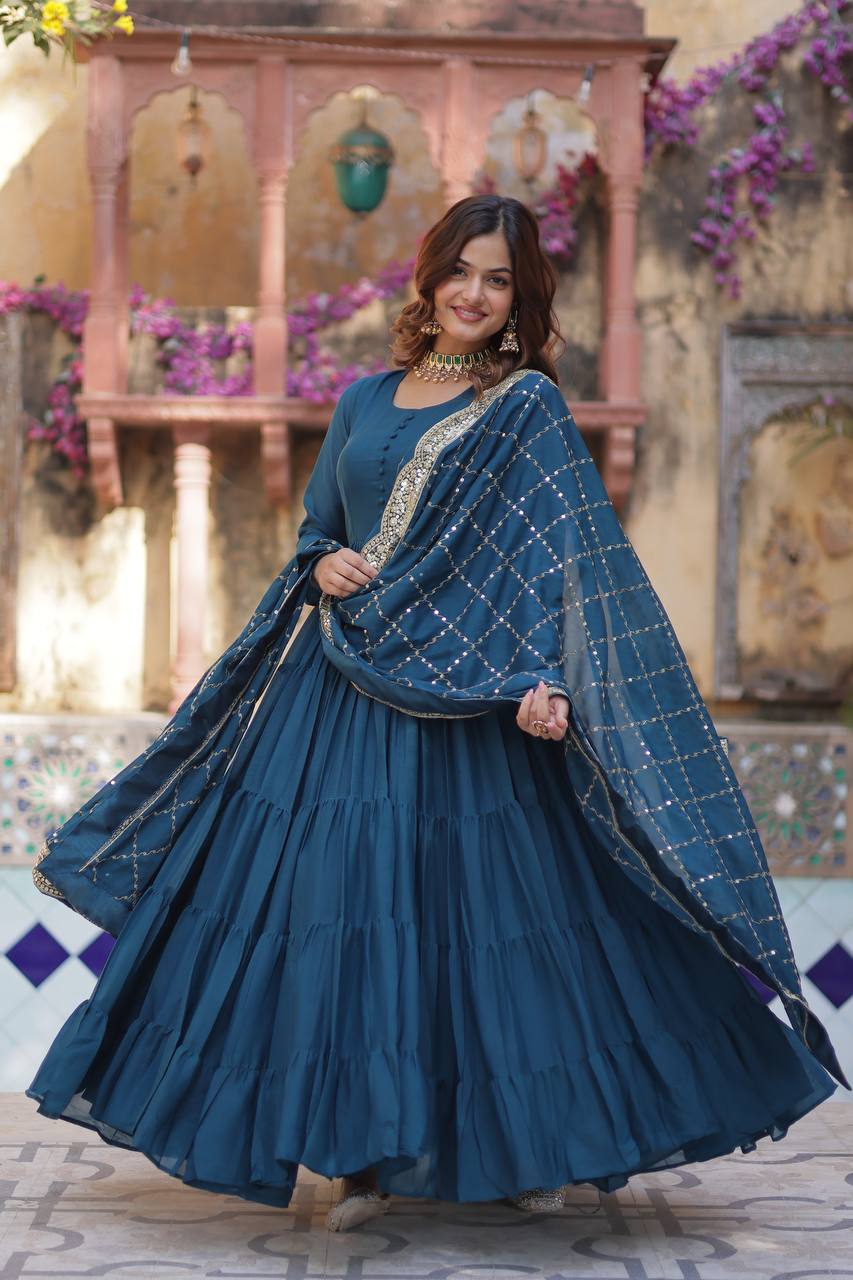 Sttuning 15 Mtr Flared Georgette Stitched Designer Ruffle Gown