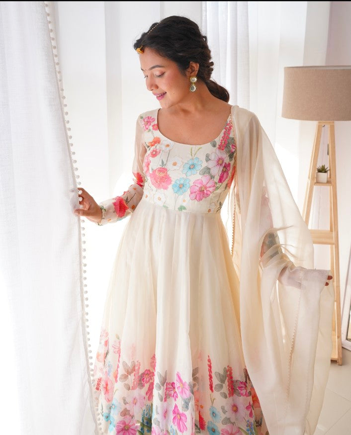 Breathtaking Organza Silk Floral Printed Designer Anarkali Pant Suit