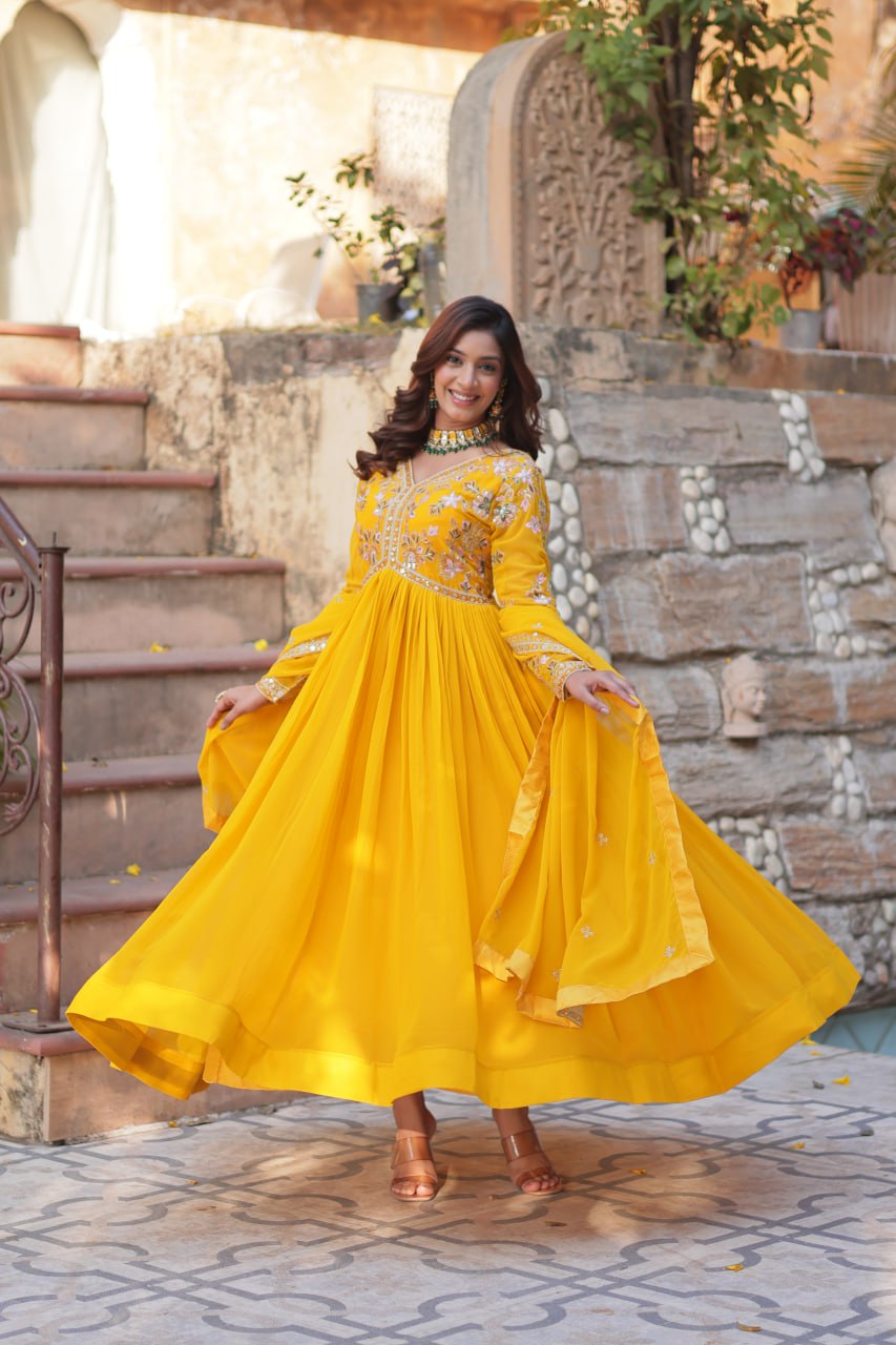 Magnificent Faux Georgette Zari Sequins Embroidered Gown With Dupatta