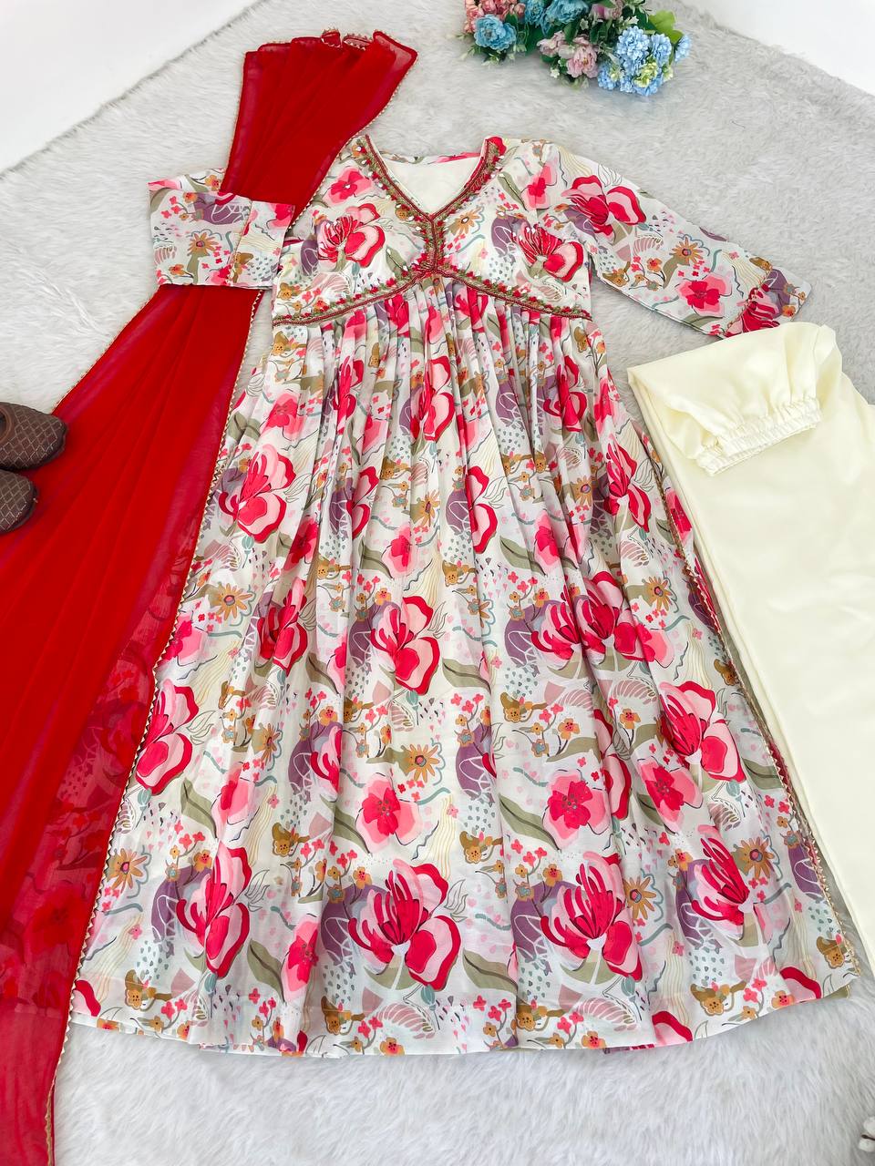 Graceful Soft Chinon Floral Printed Handworked Festive Wear Suit