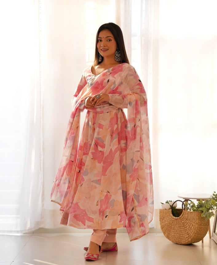Bewitching Faux Georgette Printed Designer Anarkali Pant Suit