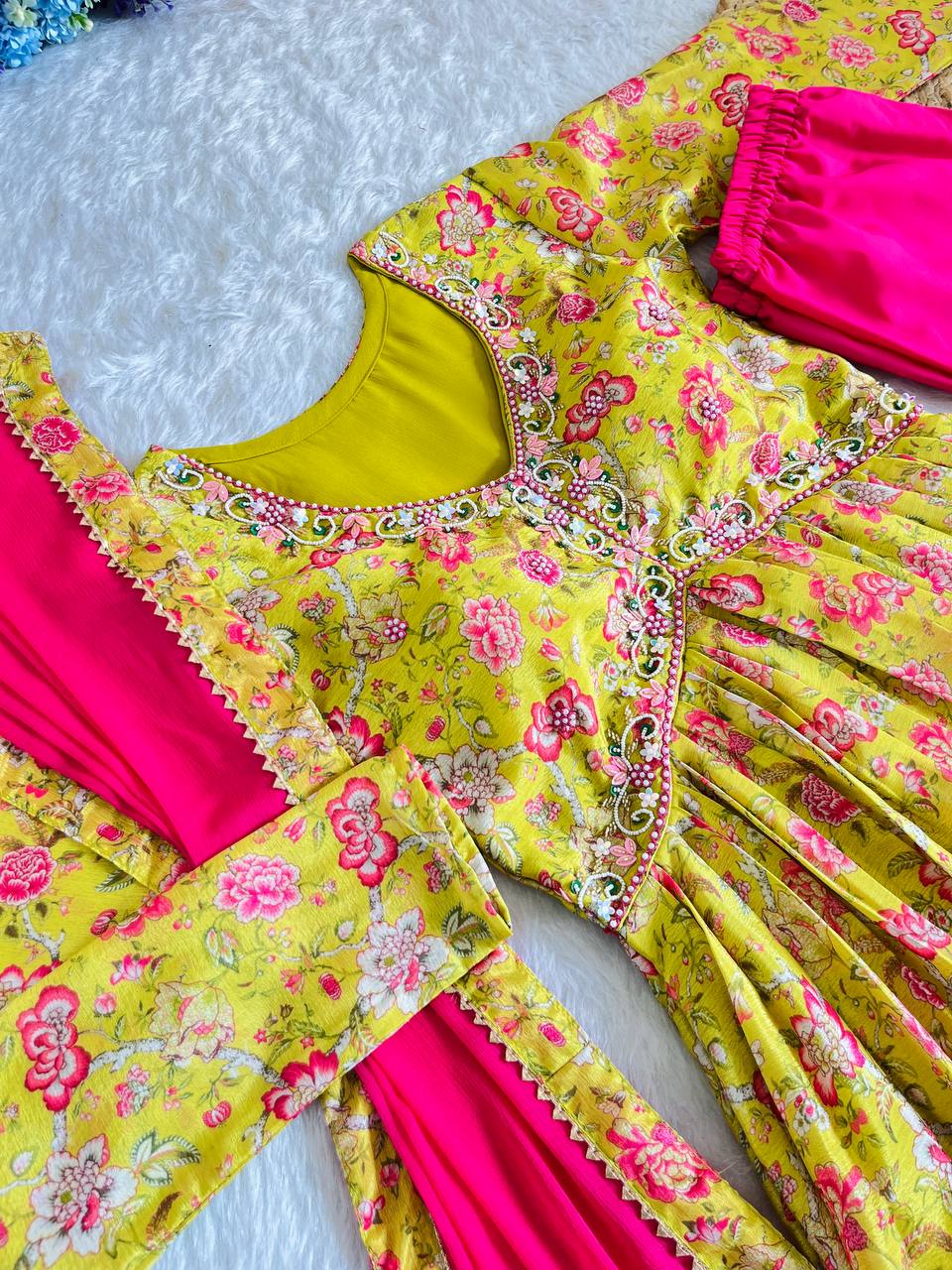 Hypnotic Yellow Soft Chinon Floral Printed Handworked Anarkali Pant Suit