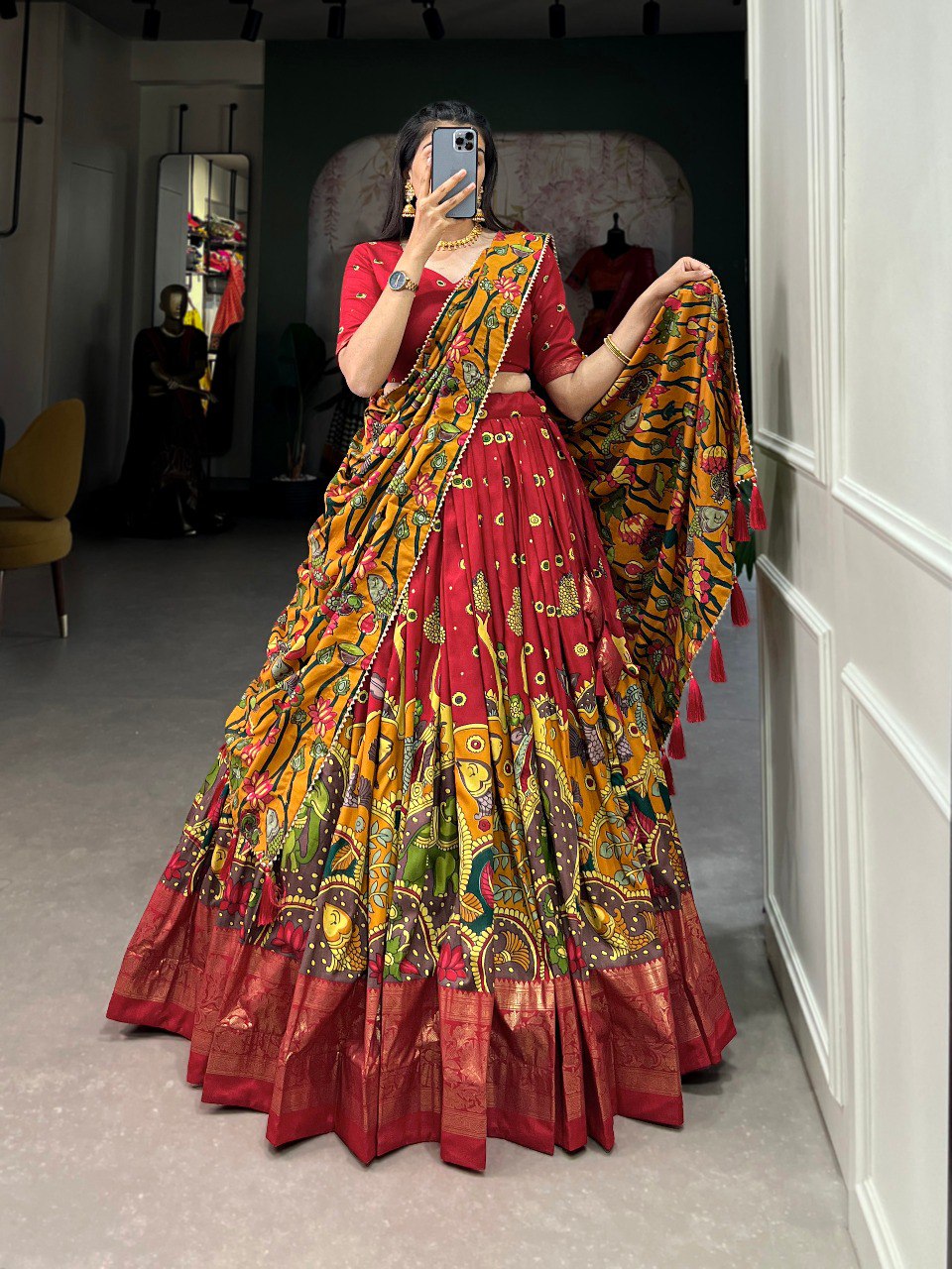 Stunning Tussar Silk Kalamkari Printed Foil Worked Lehenga Choli