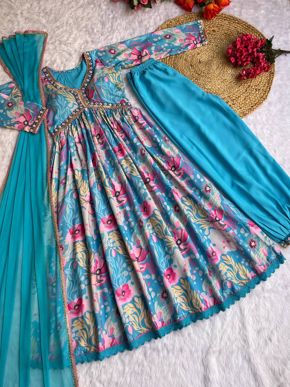 Spectacular Soft Cotton Printed Handworked Anarkali Pant Suit