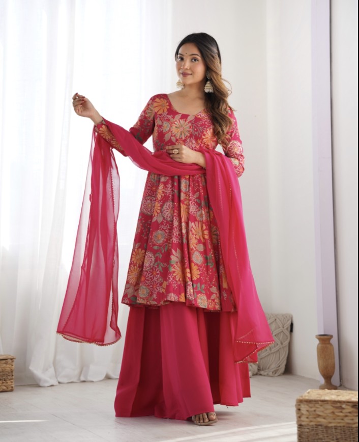 Exquisite Pure Soft Roman Silk Kediya Kurta Palazzo Set