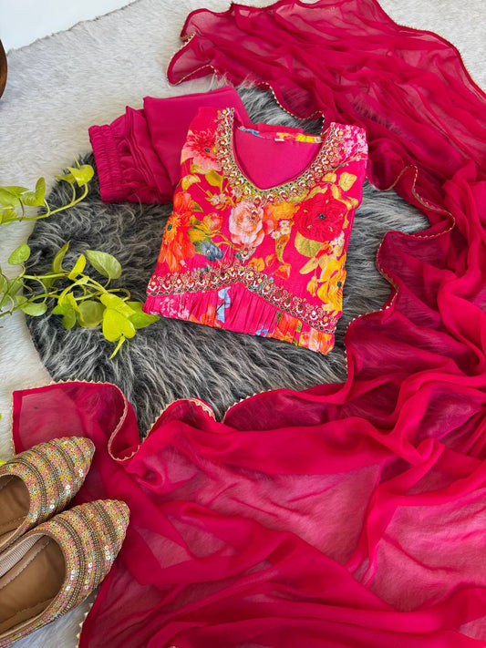 Graceful Pink Floral Printed Handworked Anarkali Pant Suit