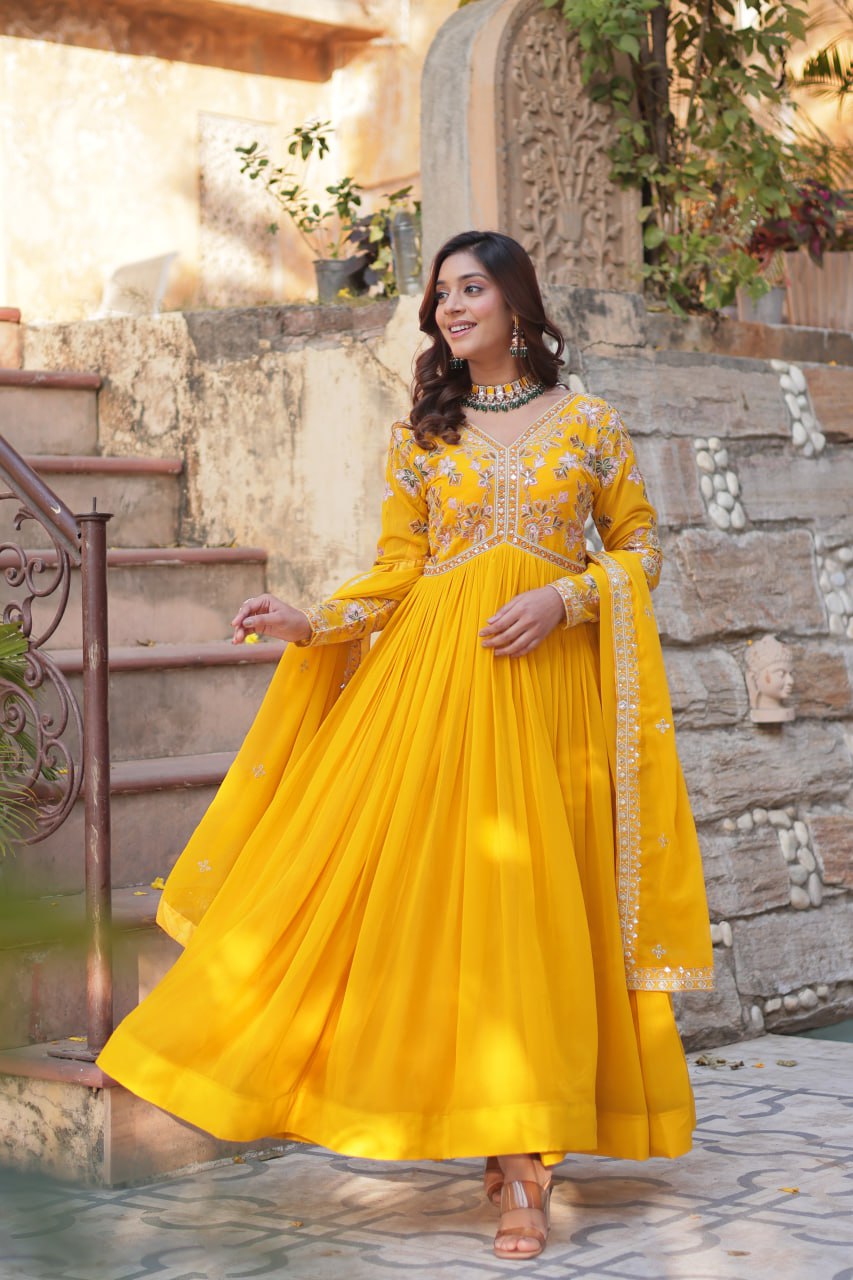 Magnificent Faux Georgette Zari Sequins Embroidered Gown With Dupatta