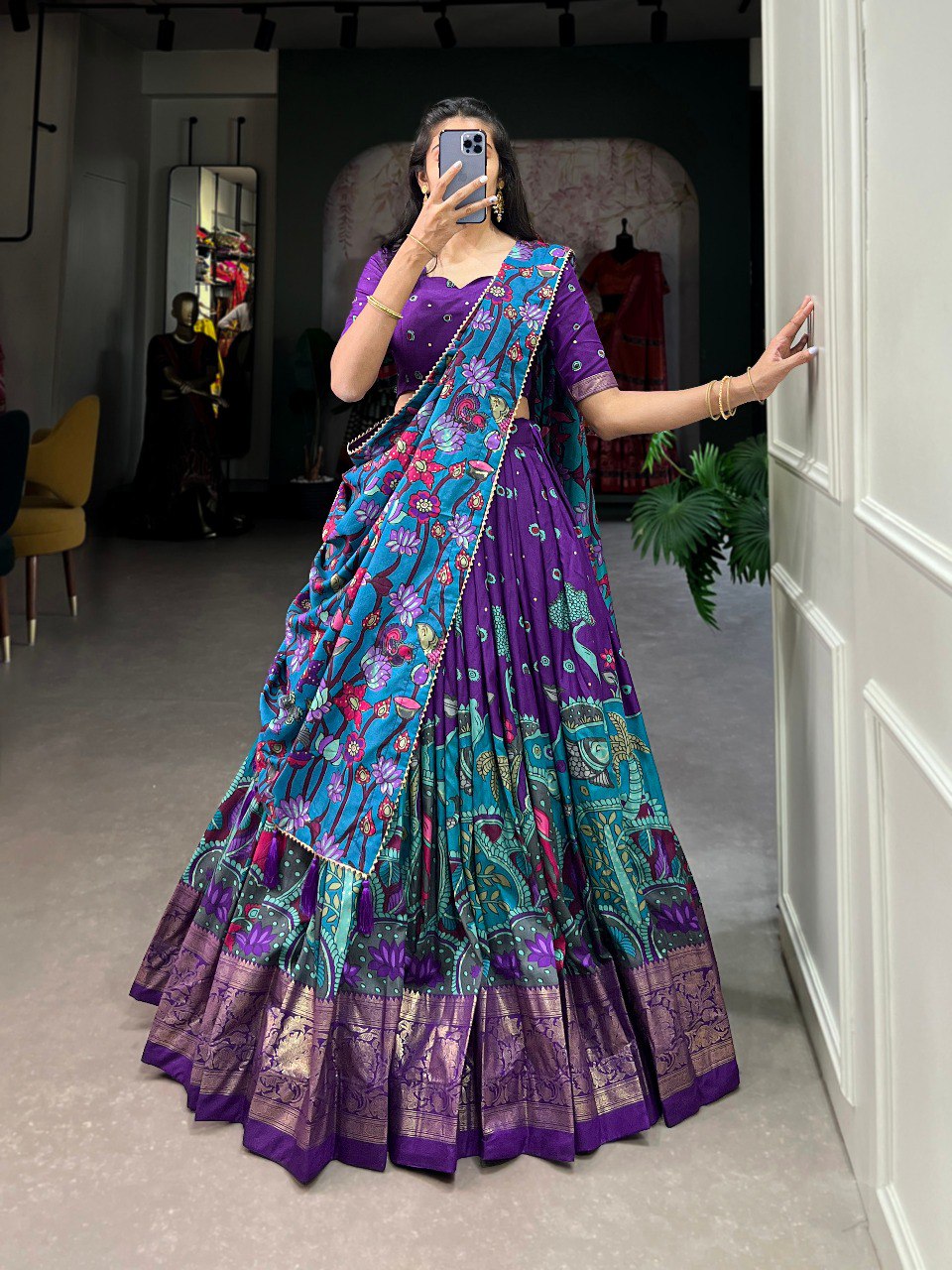 Stunning Tussar Silk Kalamkari Printed Foil Worked Lehenga Choli