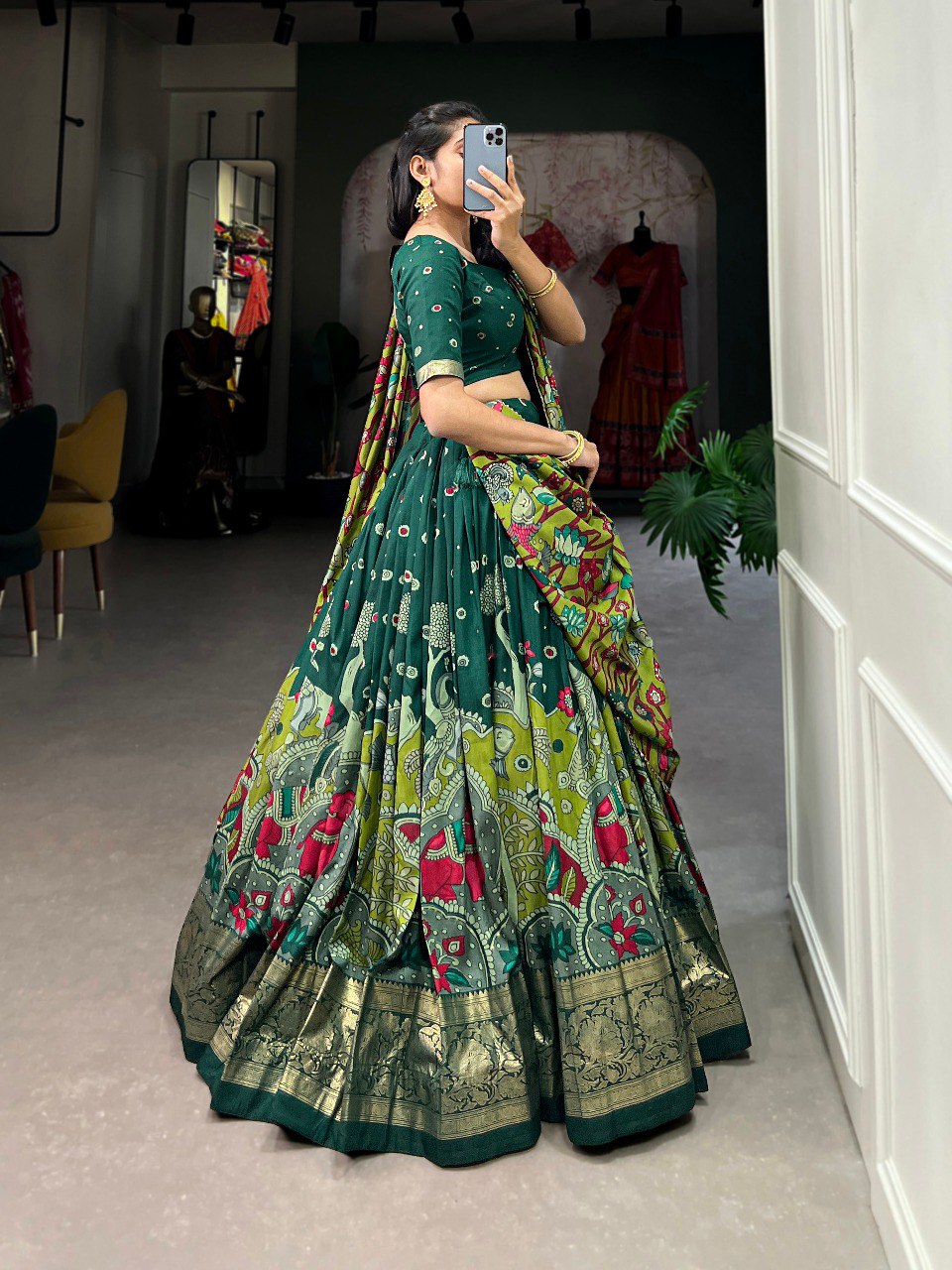 Stunning Tussar Silk Kalamkari Printed Foil Worked Lehenga Choli