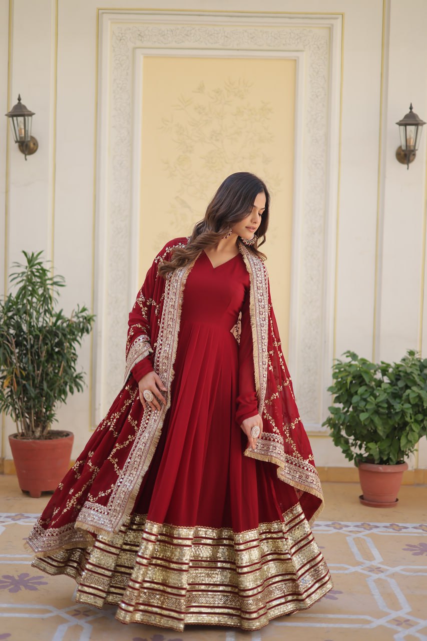 Majestic Maroon Faux Georgette Sequins Embroidered Designer Gown