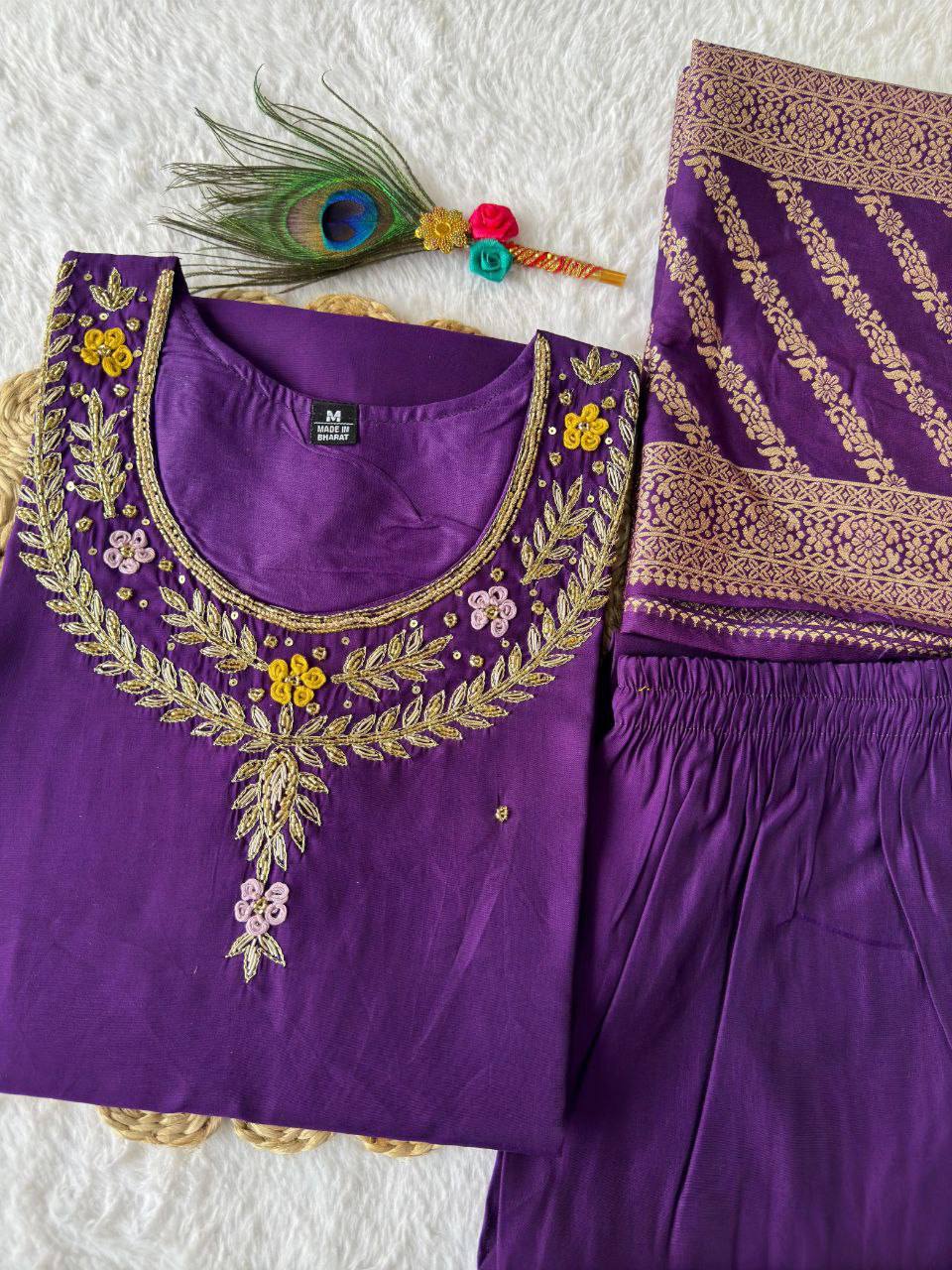 Radiant Purple Roman Silk Handworked Kurta Pant Dupatta Set