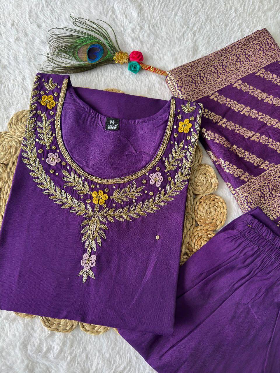 Radiant Purple Roman Silk Handworked Kurta Pant Dupatta Set