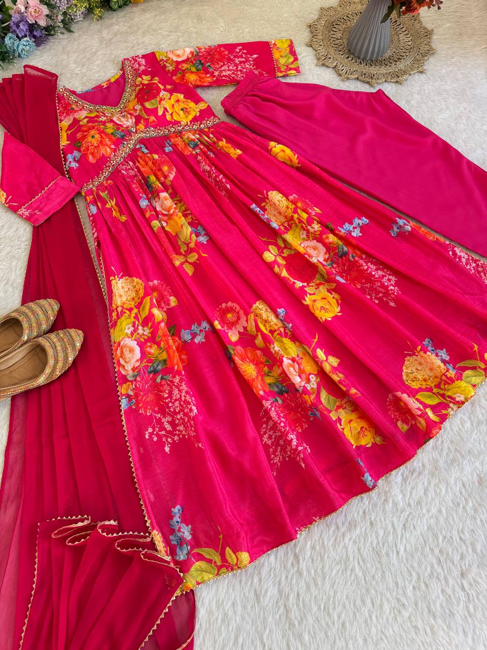 Graceful Pink Floral Printed Handworked Anarkali Pant Suit