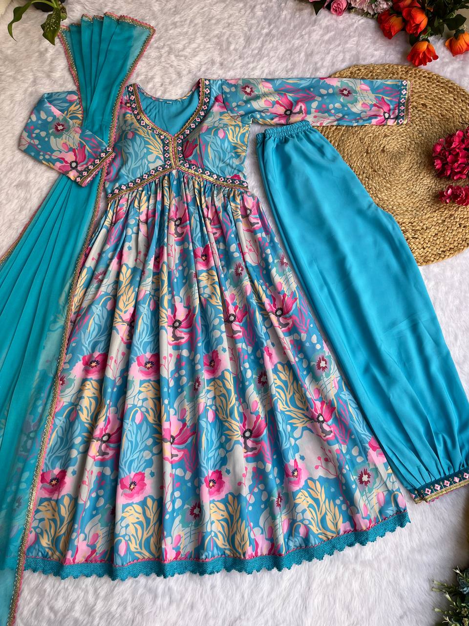Spectacular Soft Cotton Printed Handworked Anarkali Pant Suit