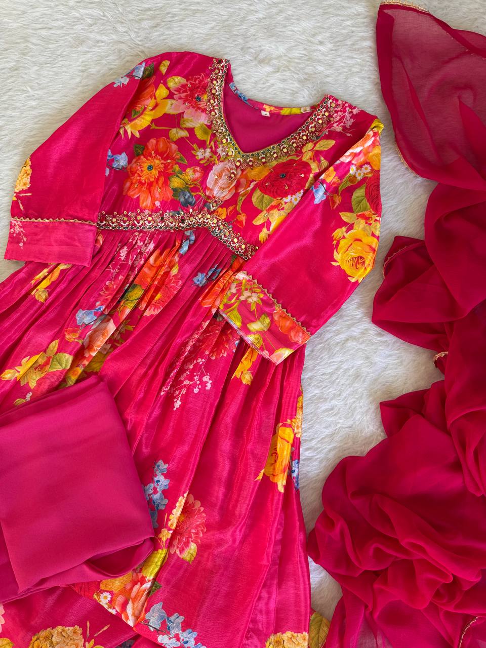 Graceful Pink Floral Printed Handworked Anarkali Pant Suit