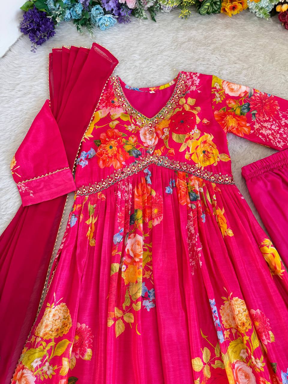 Graceful Pink Floral Printed Handworked Anarkali Pant Suit