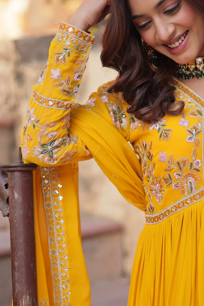 Magnificent Faux Georgette Zari Sequins Embroidered Gown With Dupatta