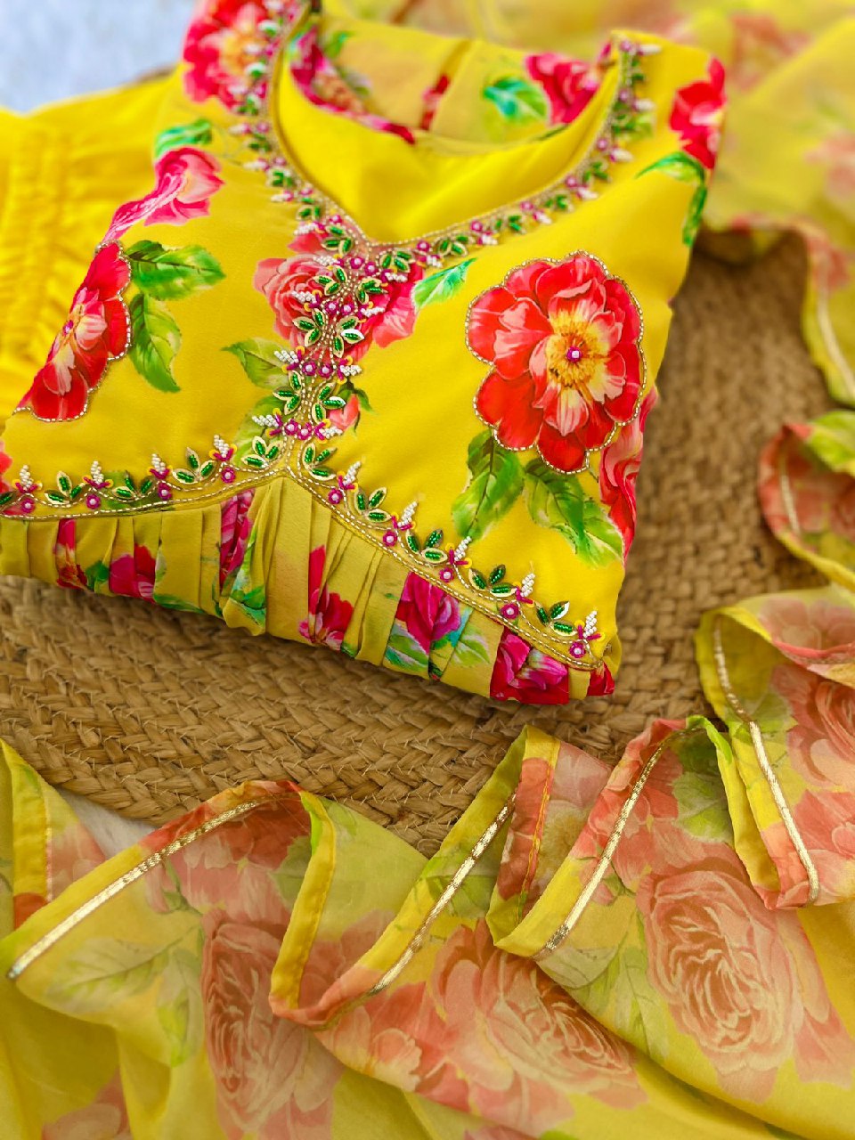 Spellbinding Yellow Faux Georgette Floral Handworked Anarkali Pant Suit