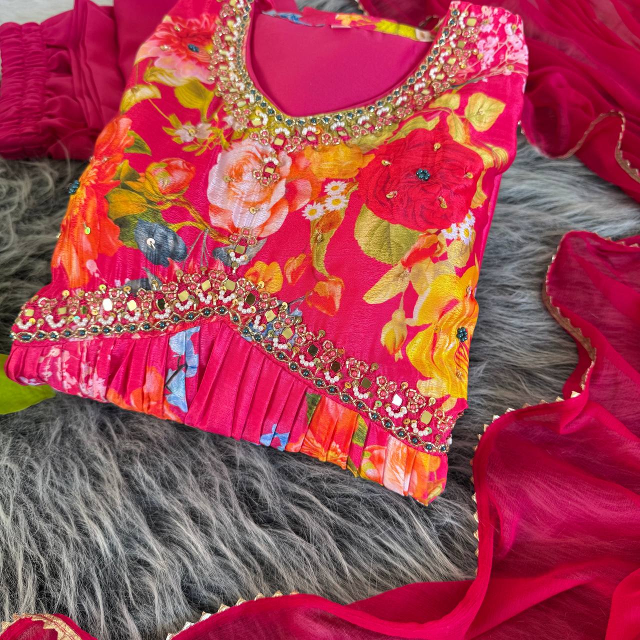 Graceful Pink Floral Printed Handworked Anarkali Pant Suit