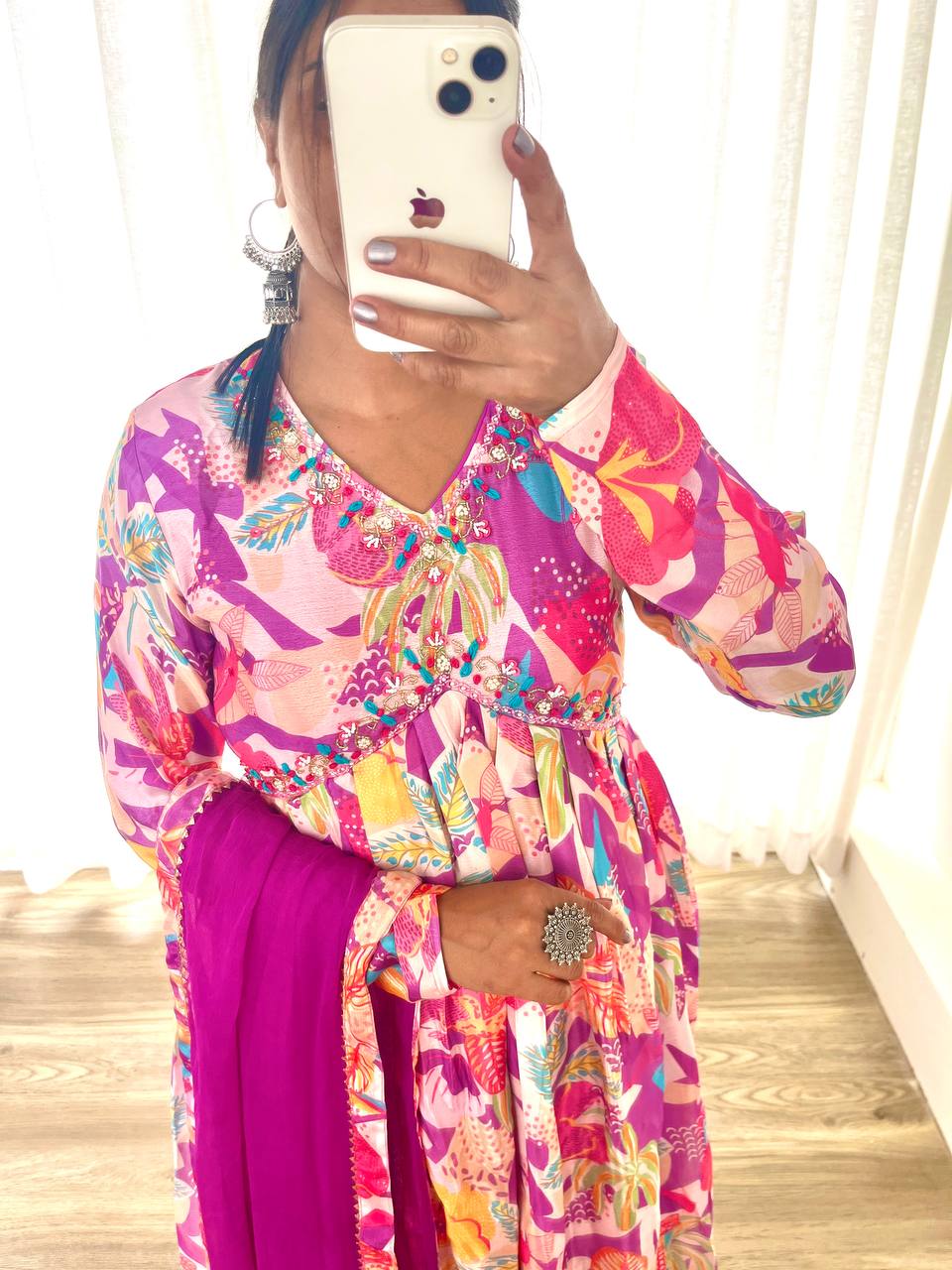 Spellbinding Soft Chinon Floral Printed Handworked Anarkali Pant Suit