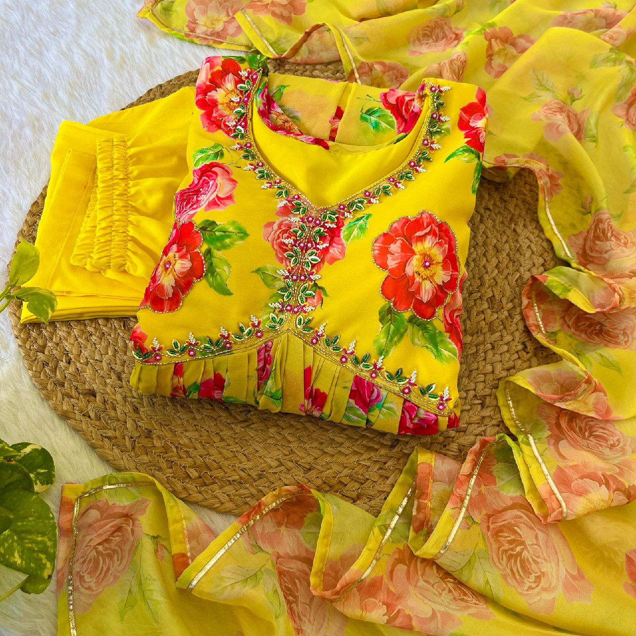 Spellbinding Yellow Faux Georgette Floral Handworked Anarkali Pant Suit