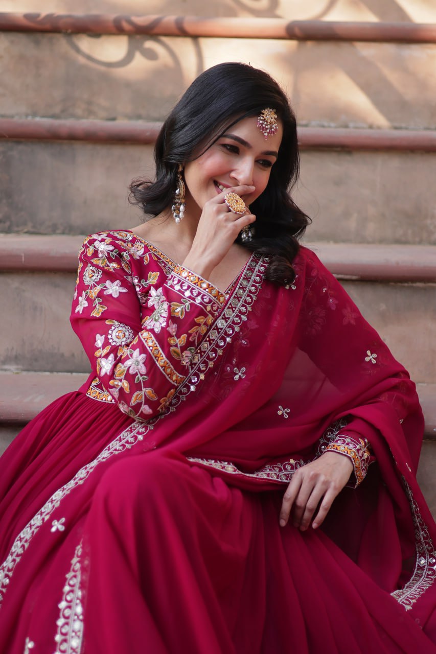 Magnificent Faux Georgette Zari Sequins Embroidered Gown With Dupatta