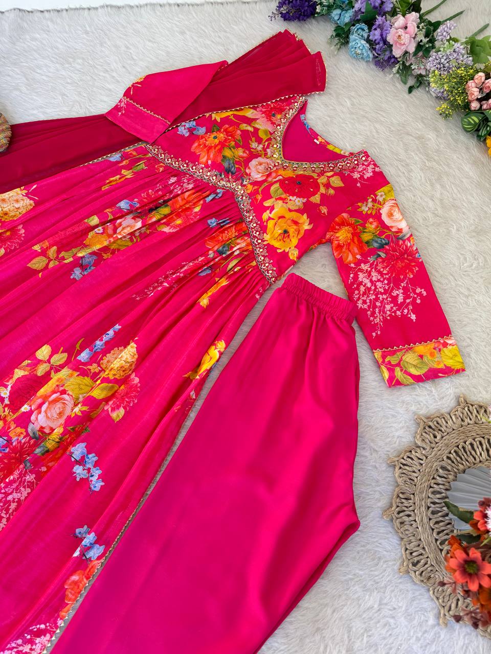 Graceful Pink Floral Printed Handworked Anarkali Pant Suit