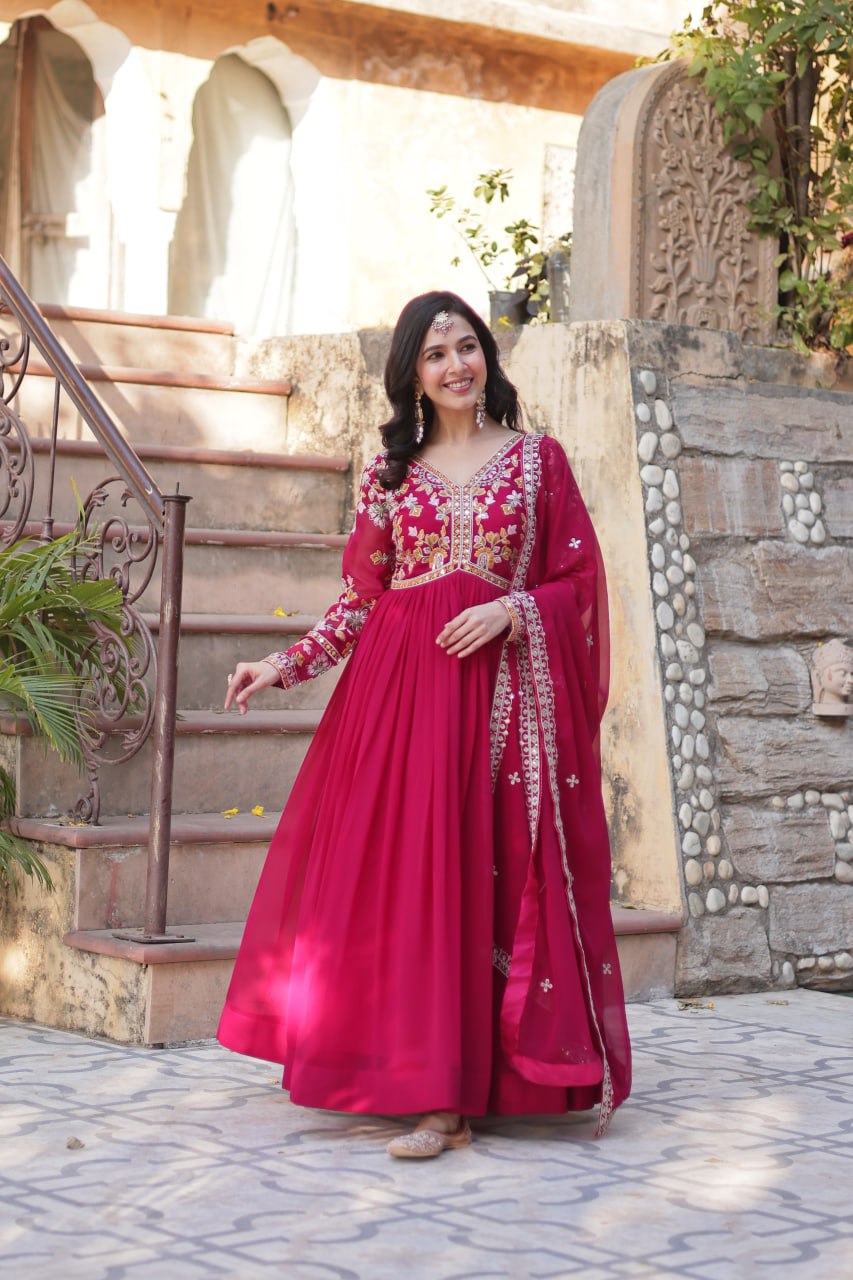 Magnificent Faux Georgette Zari Sequins Embroidered Gown With Dupatta