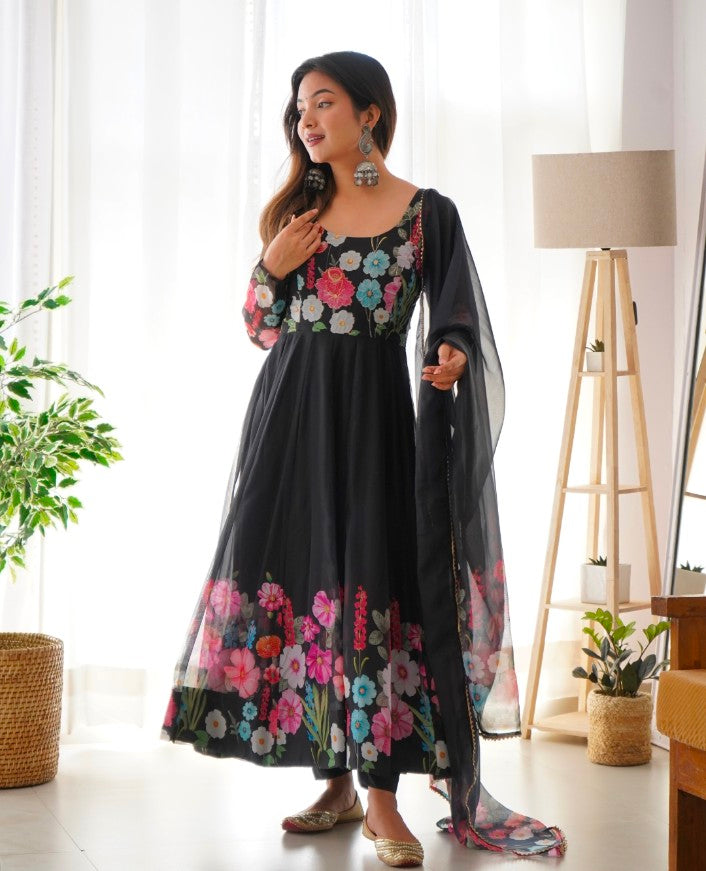 Breathtaking Organza Silk Floral Printed Designer Anarkali Pant Suit