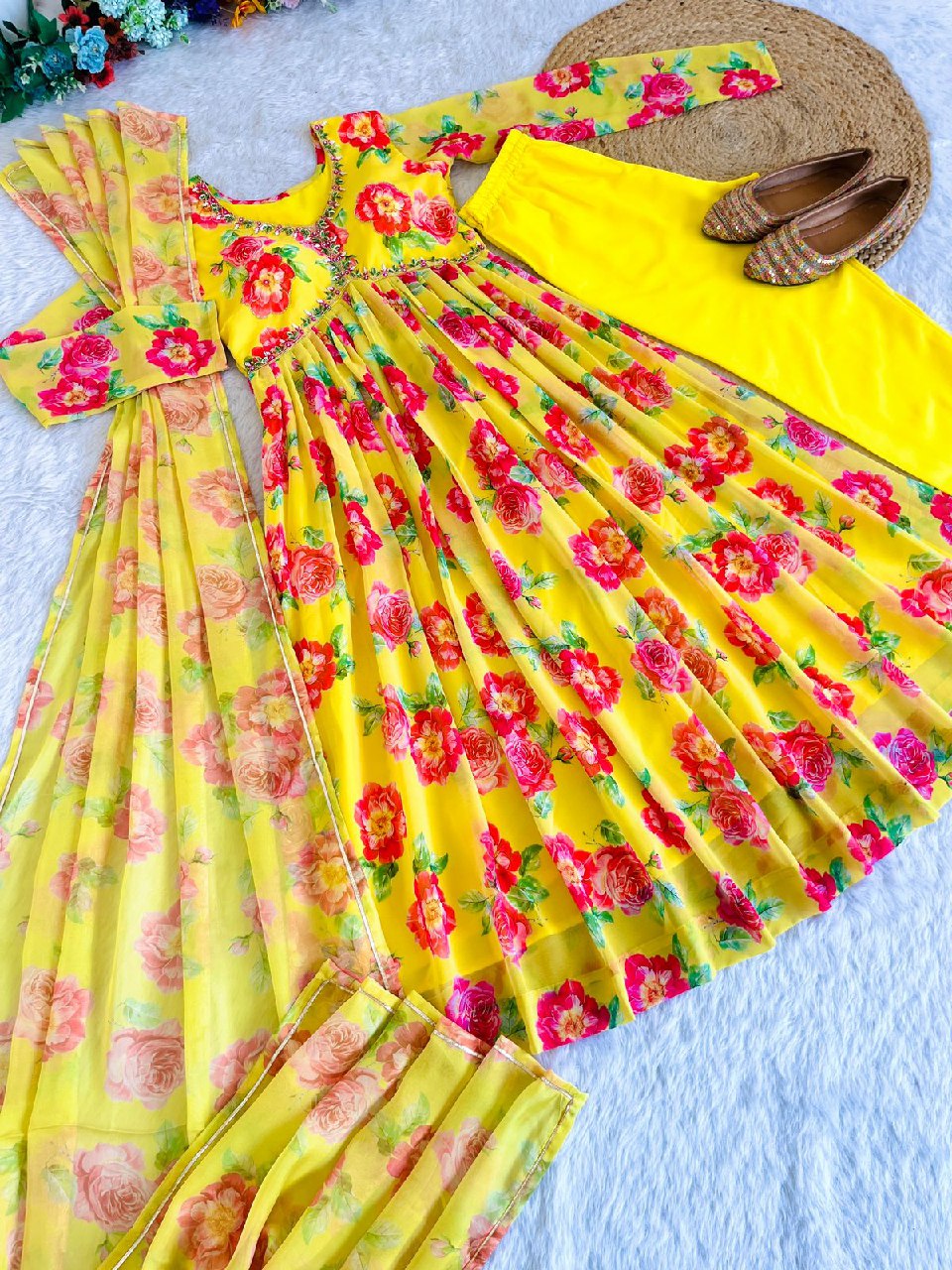 Spellbinding Yellow Faux Georgette Floral Handworked Anarkali Pant Suit