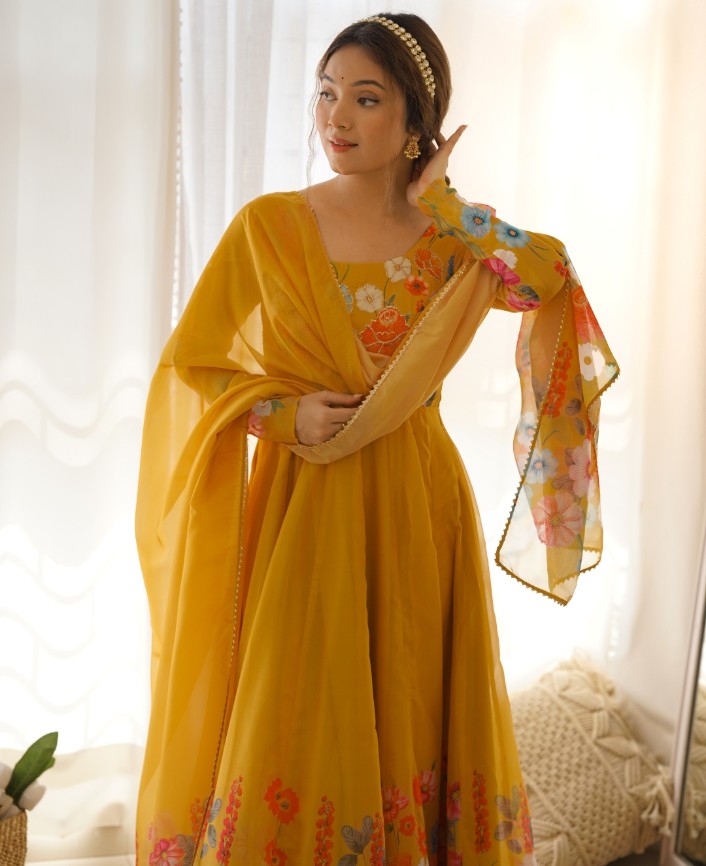 Breathtaking Organza Silk Floral Printed Designer Anarkali Pant Suit