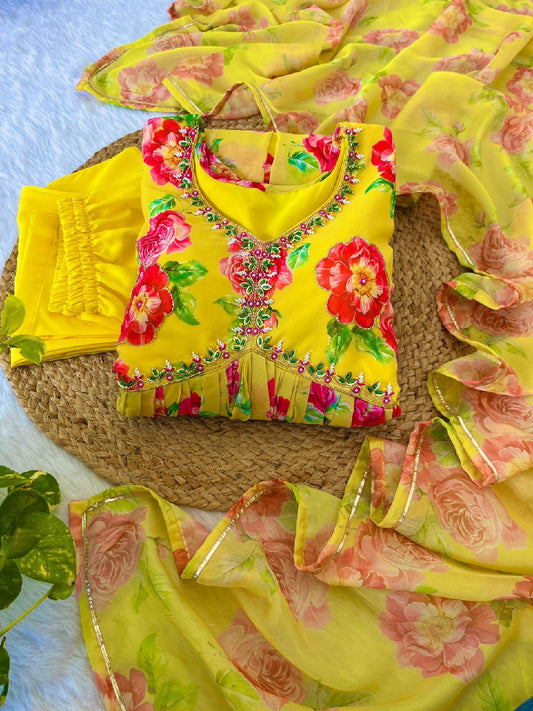 Spellbinding Yellow Faux Georgette Floral Handworked Anarkali Pant Suit