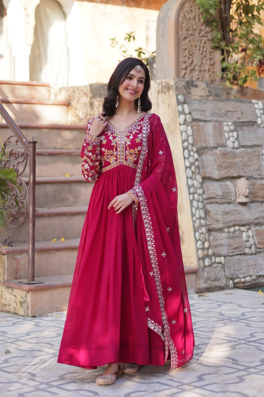 Magnificent Faux Georgette Zari Sequins Embroidered Gown With Dupatta