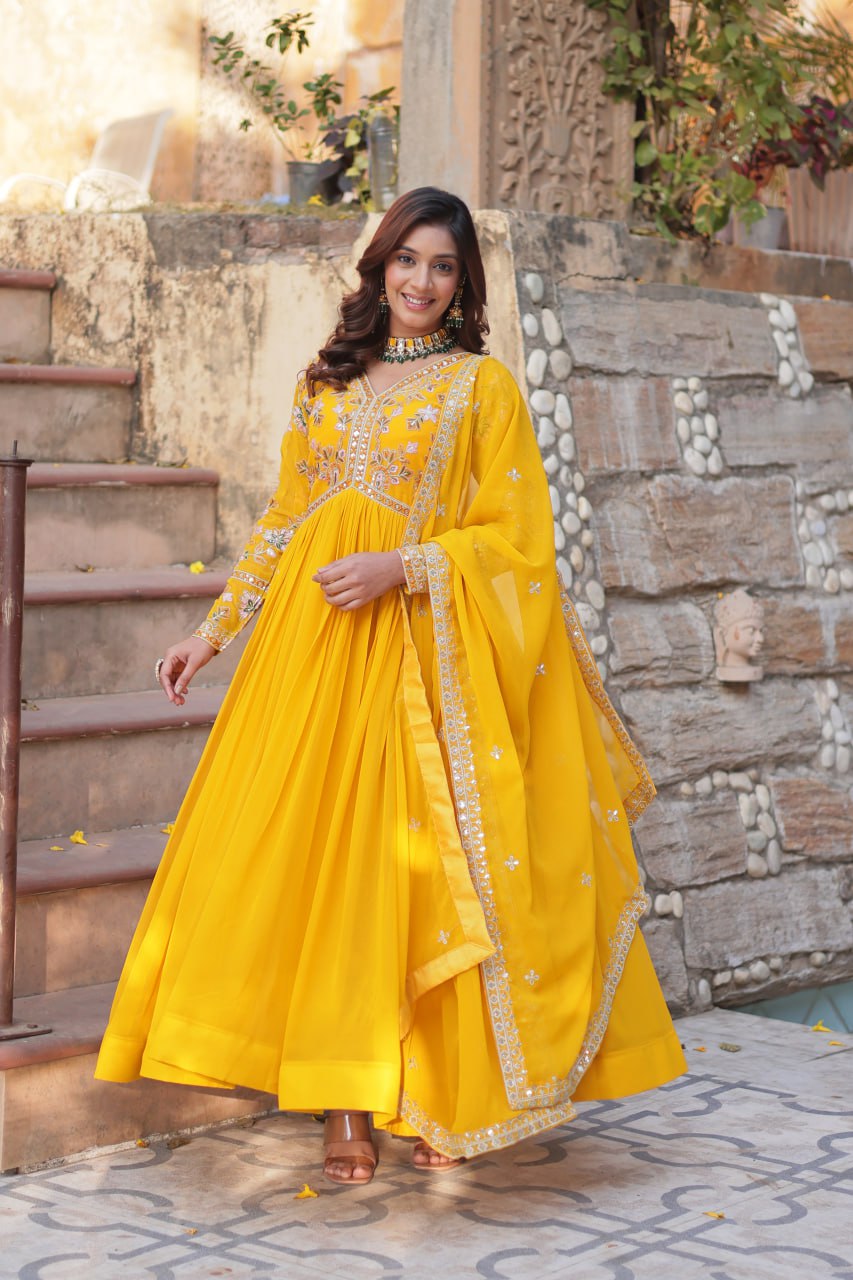 Magnificent Faux Georgette Zari Sequins Embroidered Gown With Dupatta