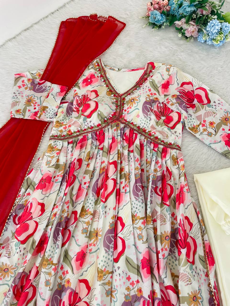 Graceful Soft Chinon Floral Printed Handworked Festive Wear Suit
