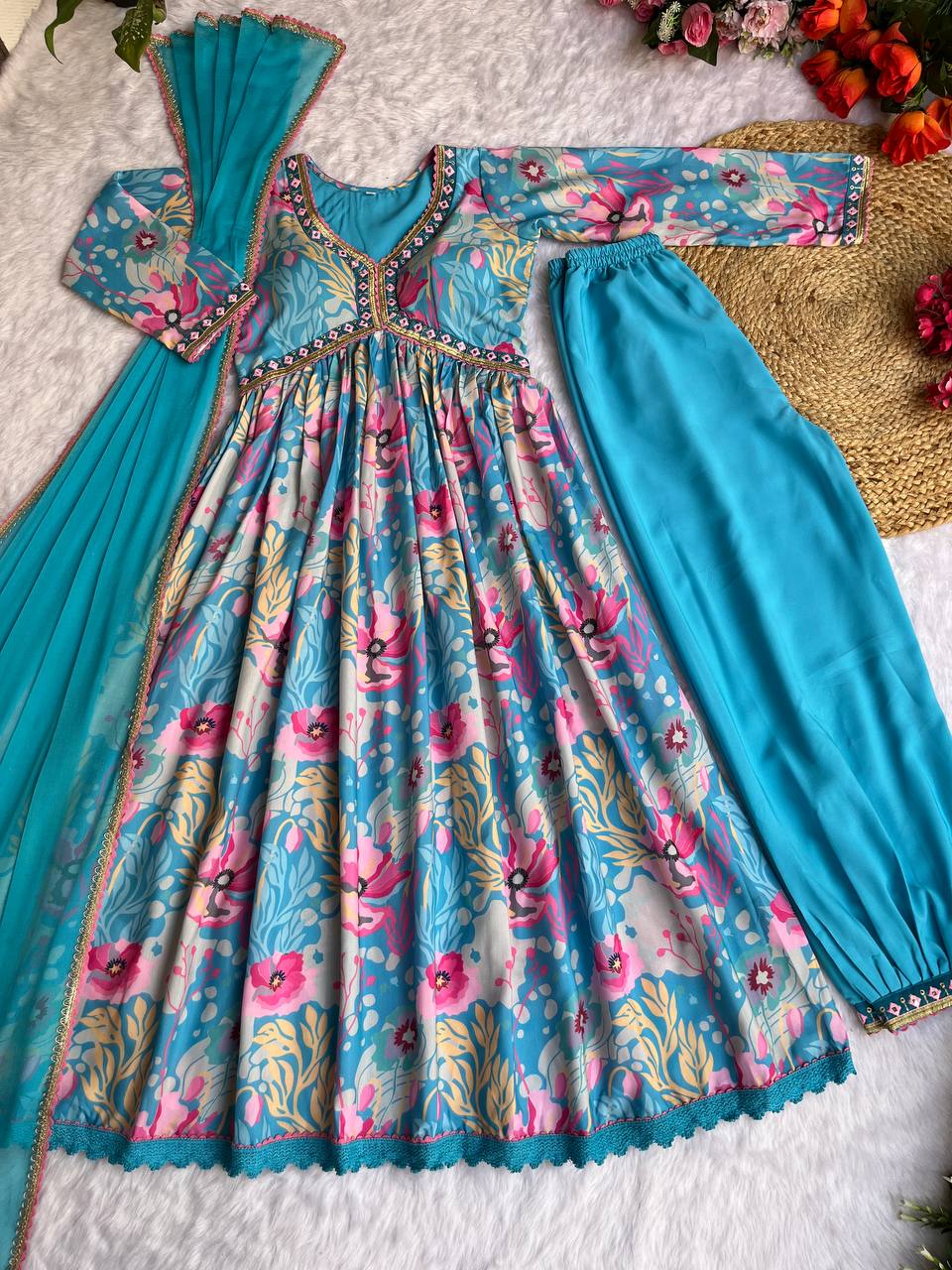 Spectacular Soft Cotton Printed Handworked Anarkali Pant Suit