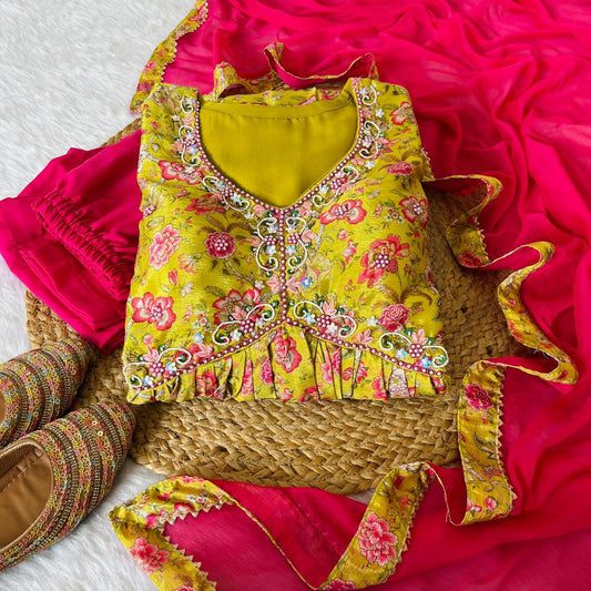 Hypnotic Yellow Soft Chinon Floral Printed Handworked Anarkali Pant Suit