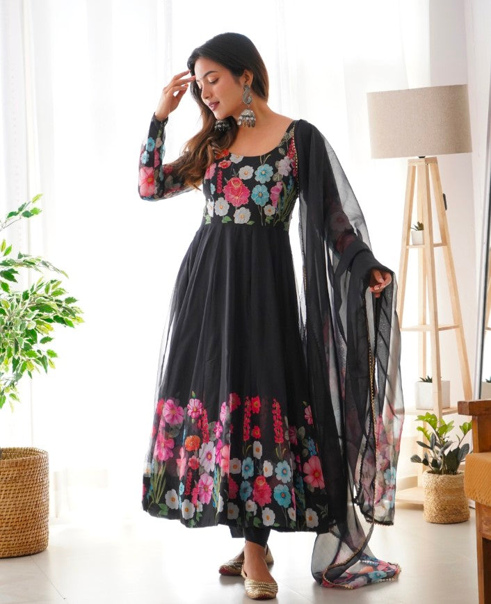 Breathtaking Organza Silk Floral Printed Designer Anarkali Pant Suit