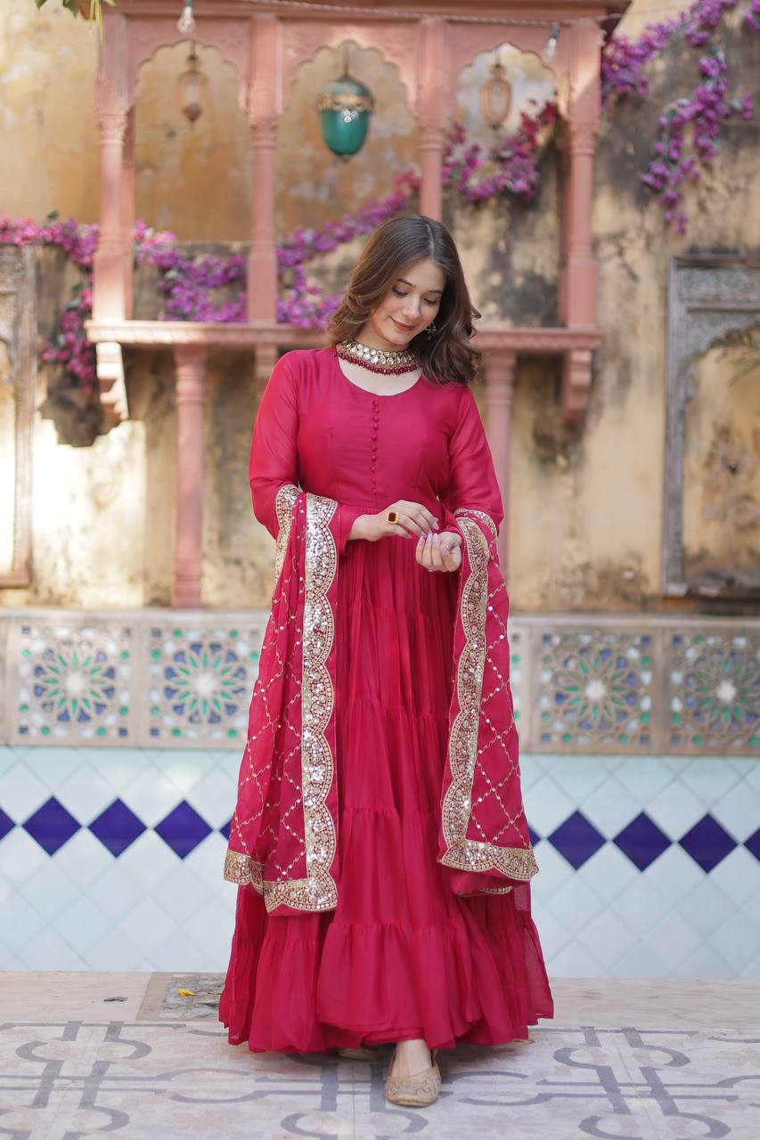 Sttuning 15 Mtr Flared Georgette Stitched Designer Ruffle Gown