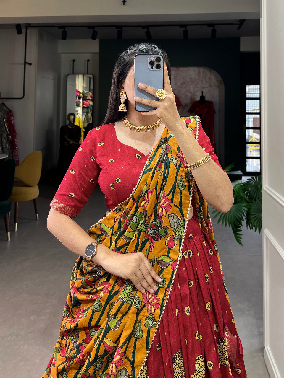 Stunning Tussar Silk Kalamkari Printed Foil Worked Lehenga Choli