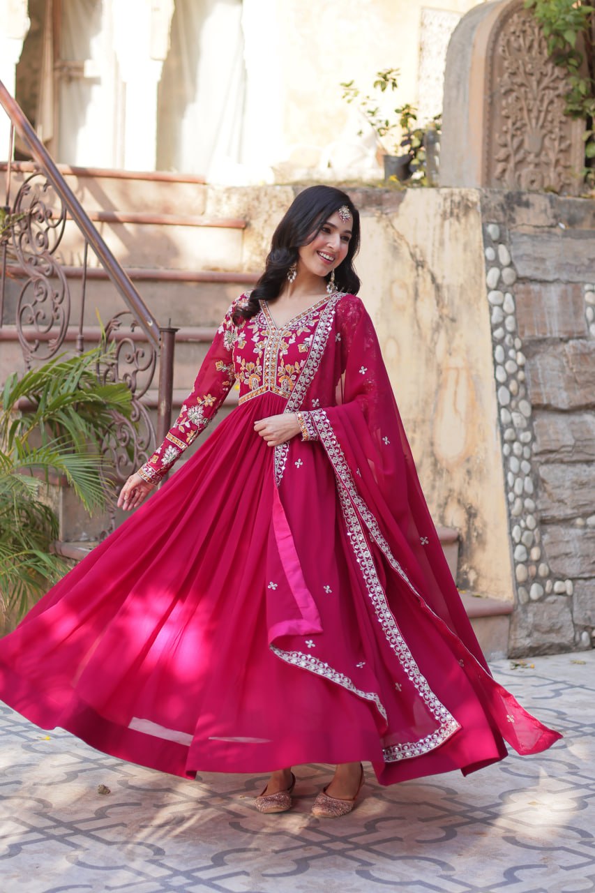 Magnificent Faux Georgette Zari Sequins Embroidered Gown With Dupatta
