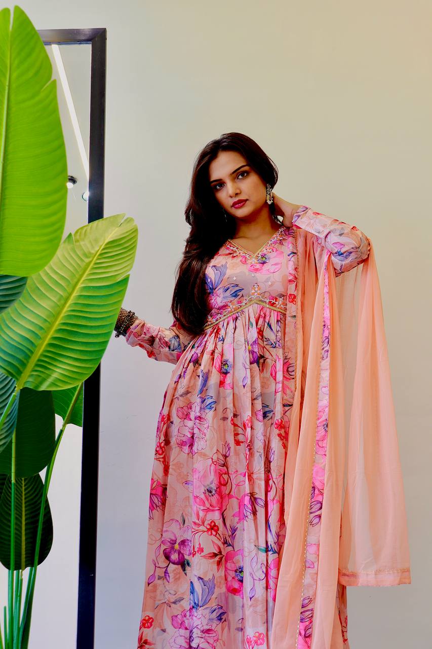 Mesmerizing Chinon Alia Cut Handworked Anarkali Pant Suit