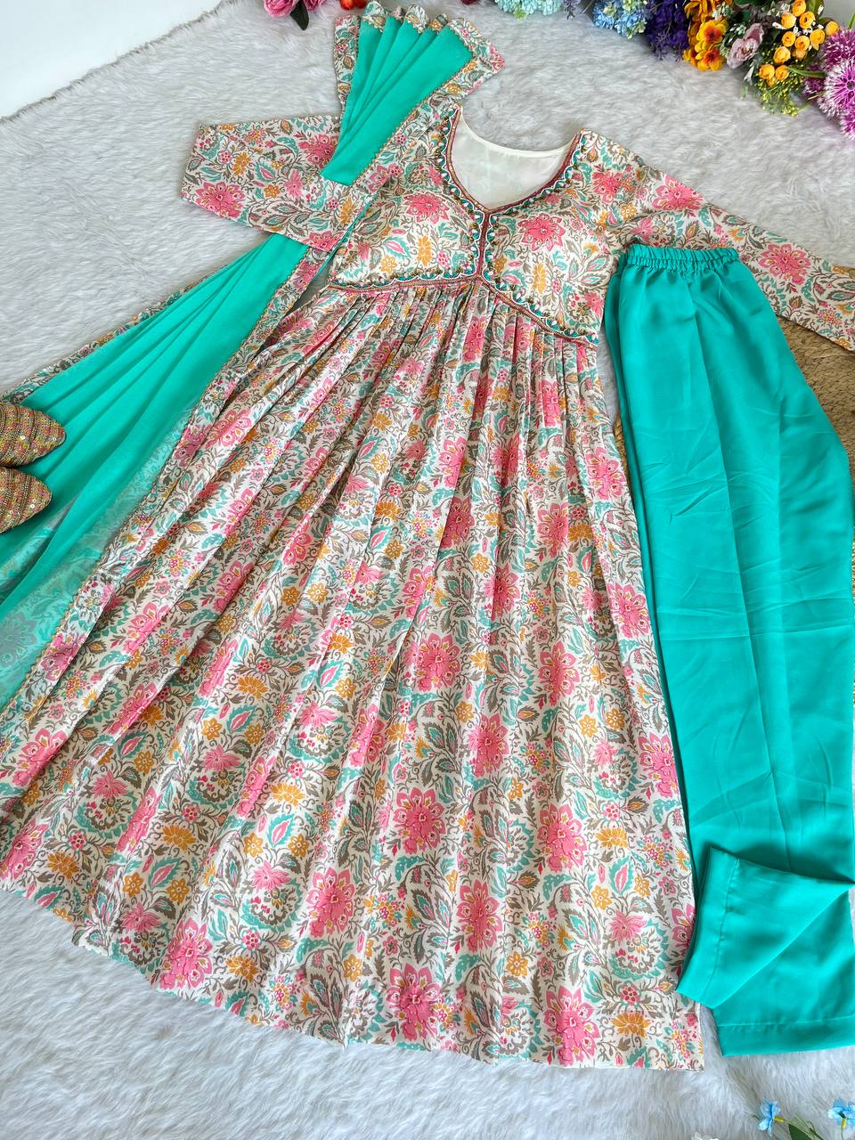 Lovely Soft Chinon Floral Printed Handworked Festival Wear Anarkali Pant Suit