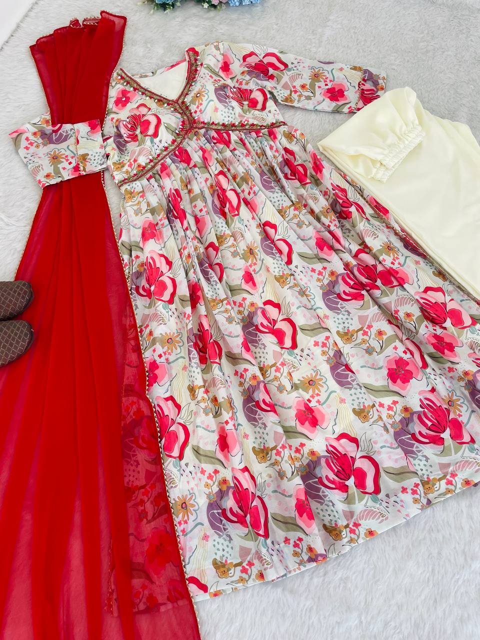 Graceful Soft Chinon Floral Printed Handworked Festive Wear Suit