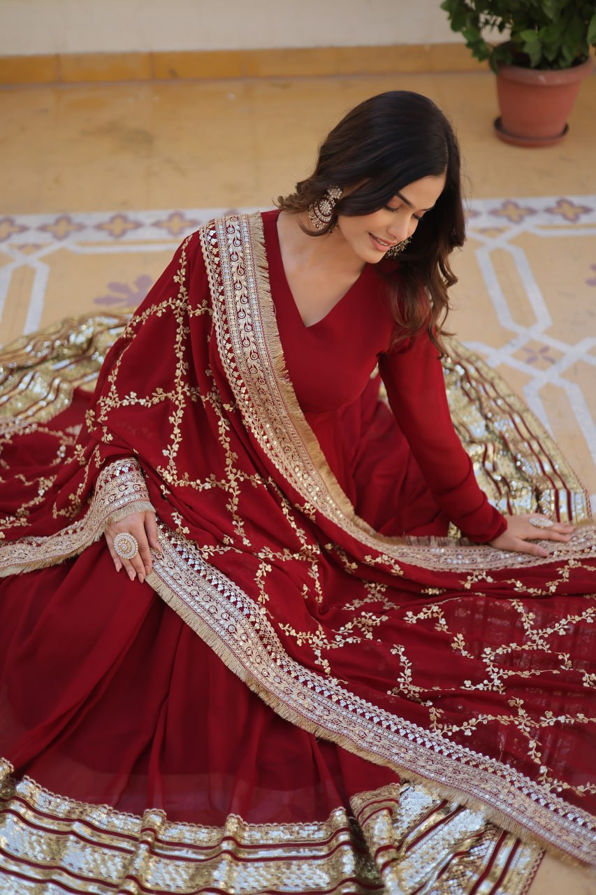 Majestic Maroon Faux Georgette Sequins Embroidered Designer Gown