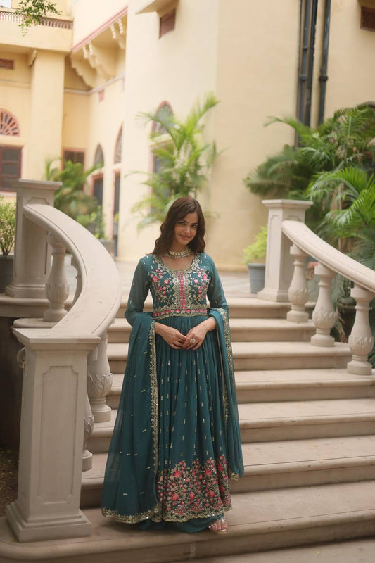 Breathtaking Faux Georgette Rich Sequins Embroidered Top Sharara Suit